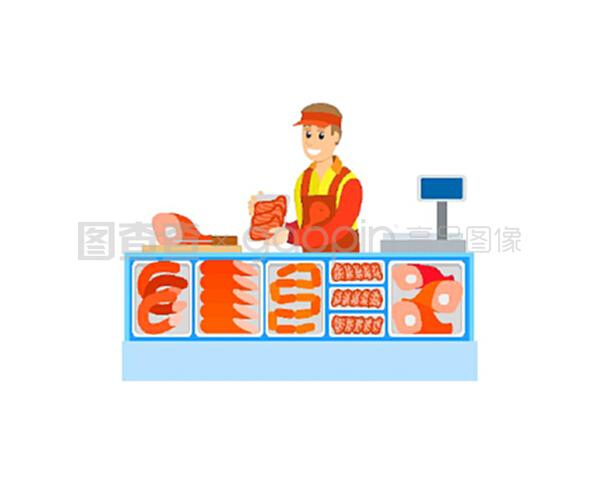 超市的肉店销售顾问,供应香肠、猪肉和肥肉。超市的食品和生食销售柜台。